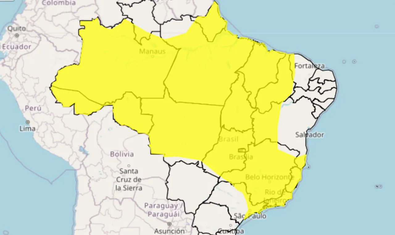 o mapa mostra as &aacute;reas em alerta para chuva intensa